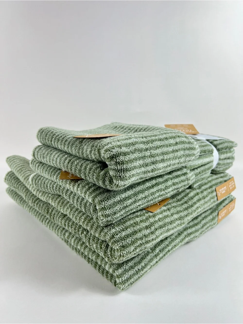Common Thread Bamboo Bath Towel Set Green Stripe Zero Twist Soft Cotton 8 Pc NEW